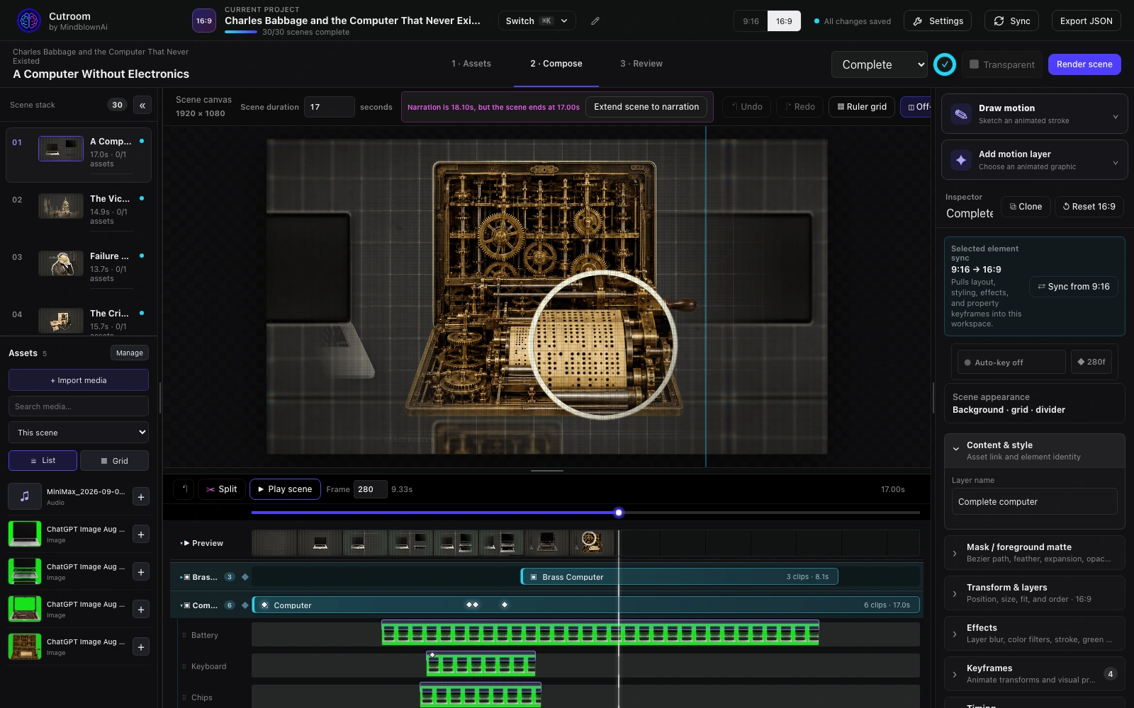 Existing Charles Babbage project in Cutroom Compose, showing the scene stack, canvas, inspector and layered timeline
